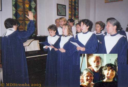 Hadicha directs Tashkent Kirche choir; inset: Barbara, Matthew, & Hadicha